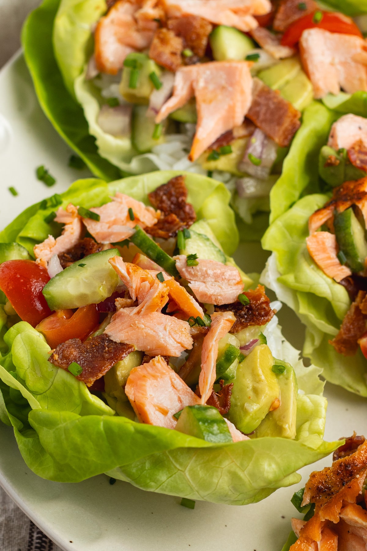 This is a picture of a salmon lettuce wrap close-up.