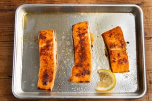 This is a picture of the cooked salmon out of the oven.