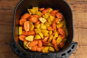 This is a picture of the veggies in the air fryer prior to cooking.