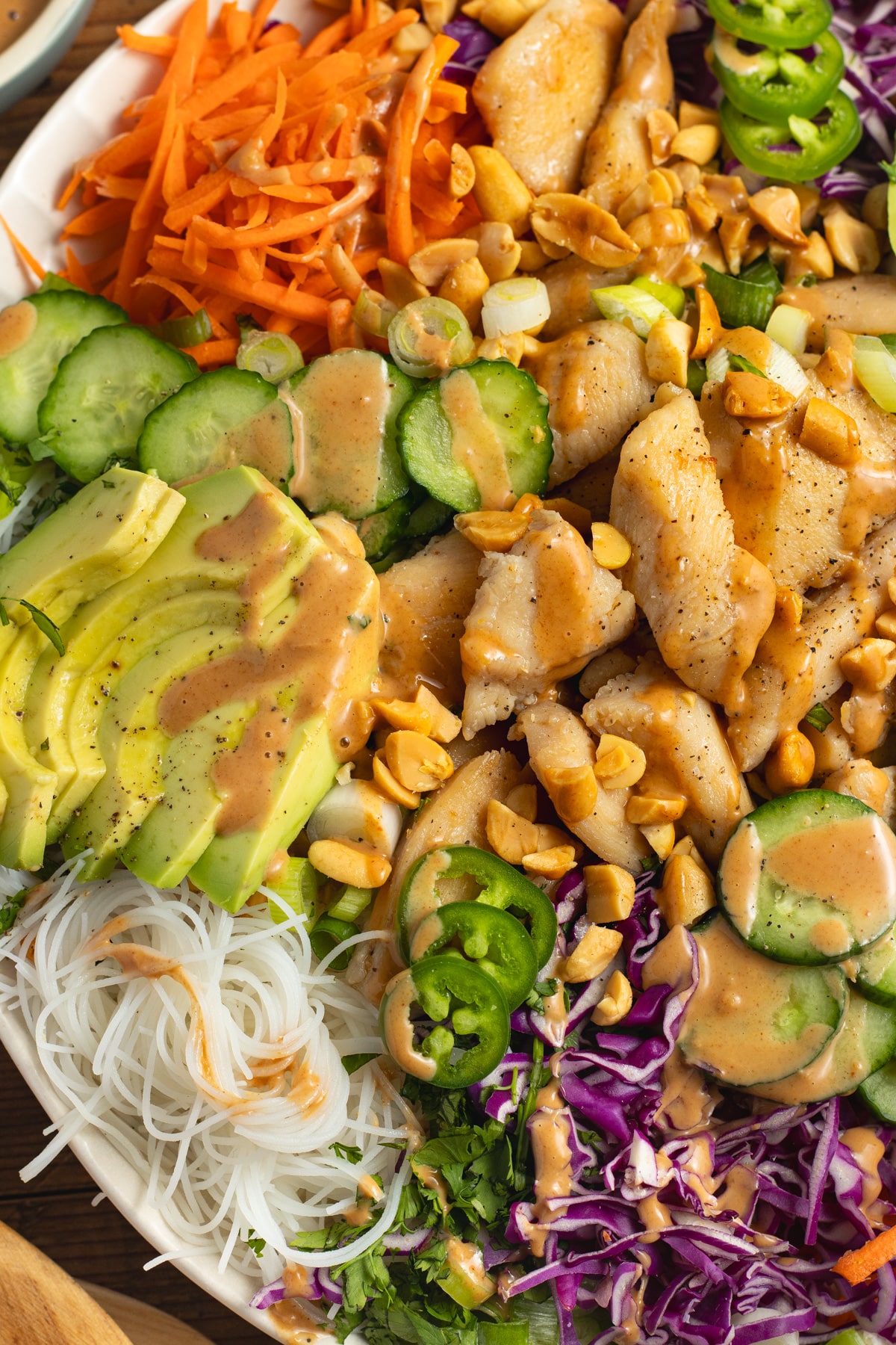 This is a close-up picture of the spring roll salad.