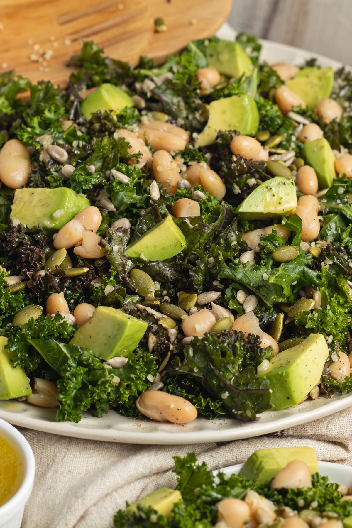 This is a picture close up of the kale white bean salad.