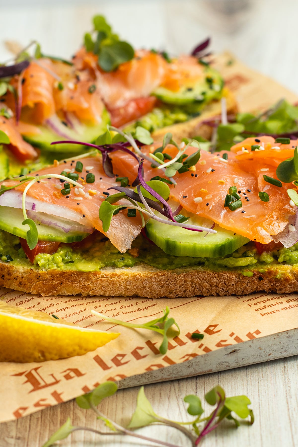 This is a picture of one smoked salmon toast close-up.