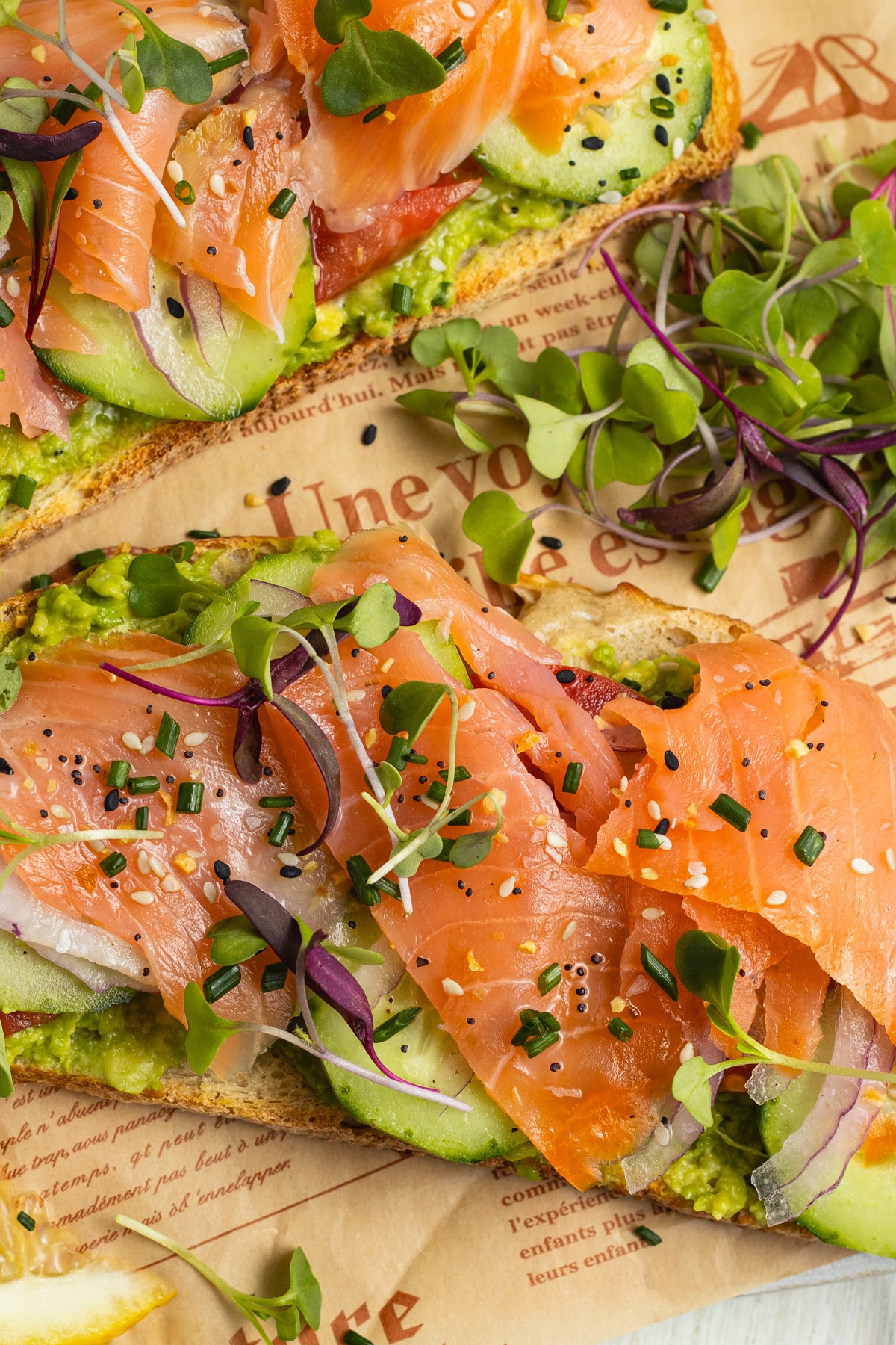 This is a picture of one smoked salmon toast close-up.