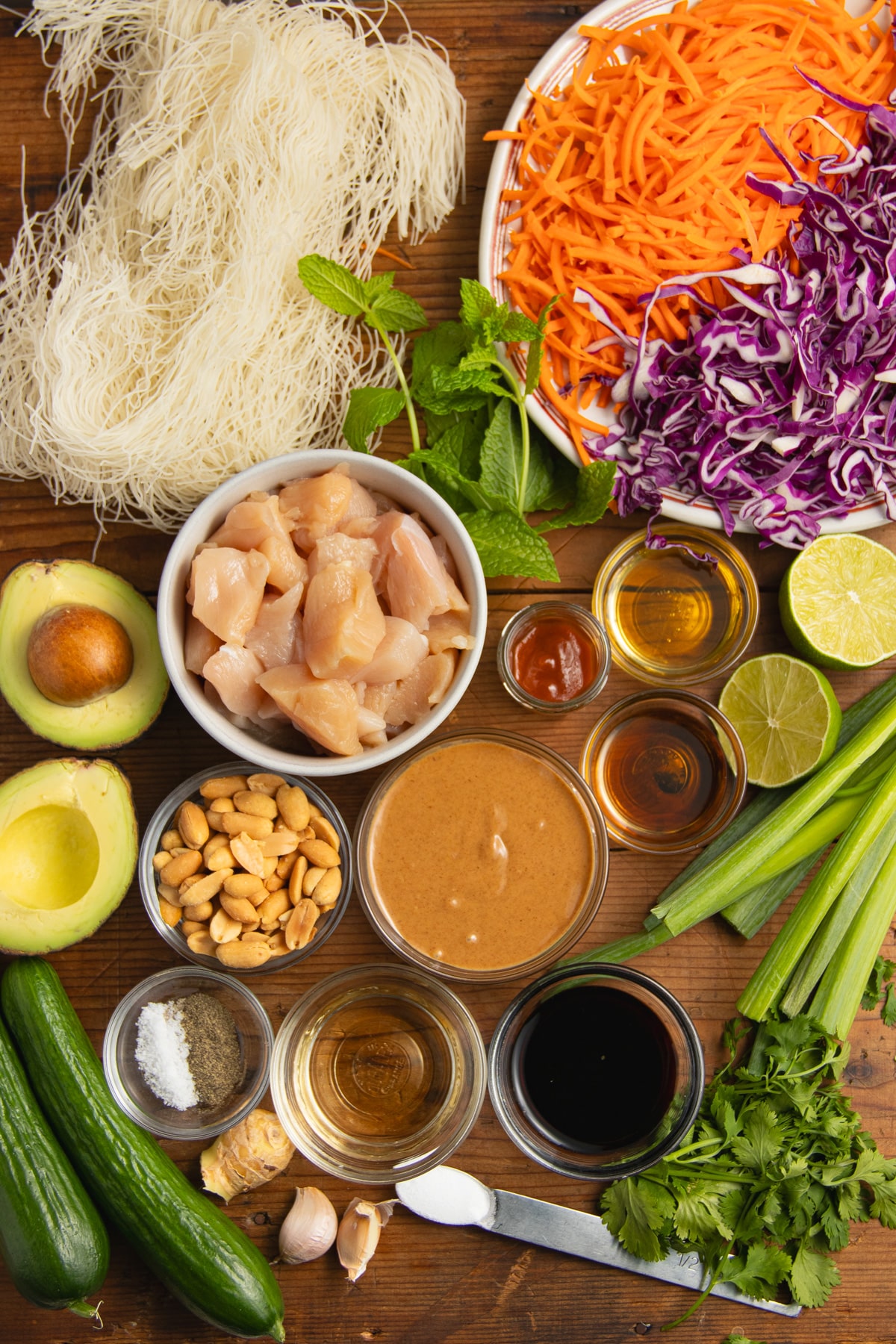 This is a picture of all the ingredients needed to make this chicken spring roll salad.