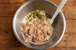 This is a picture of the bowl with the tuna added to the dressing.