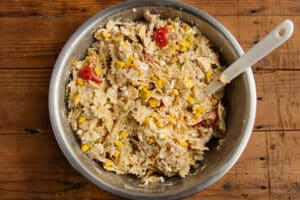 This is a picture of the tuna corn salad mixed together and ready to serve.