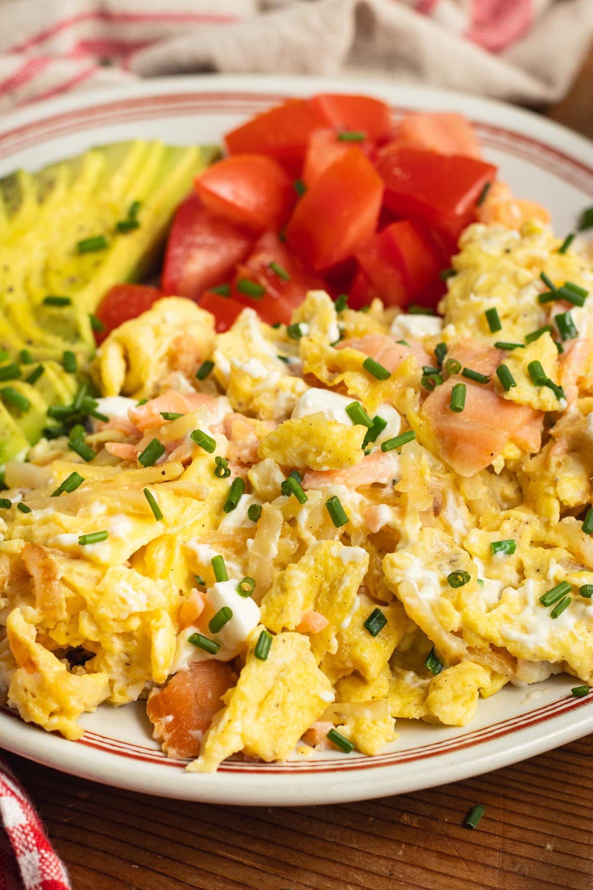 This is a close up picture of the smoked salmon breakfast scramble.