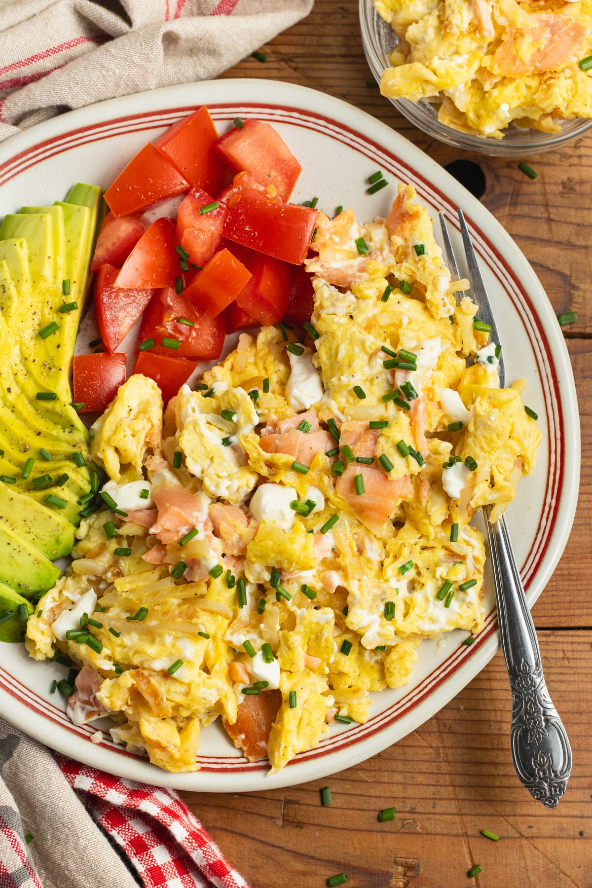 This is a picture of a plate with the smoked salmon breakfast scramble.