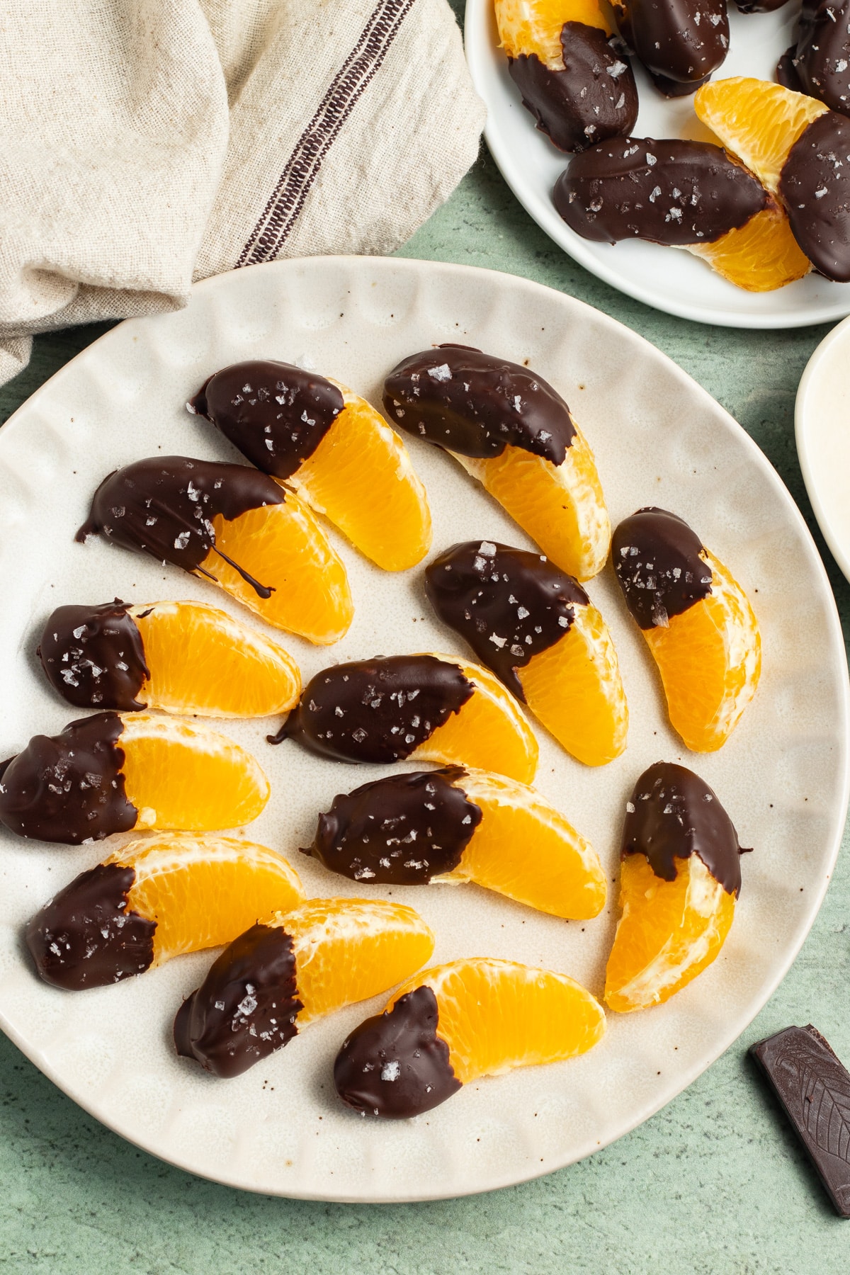 This is a picture of a plate of chocolate dipped oranges.