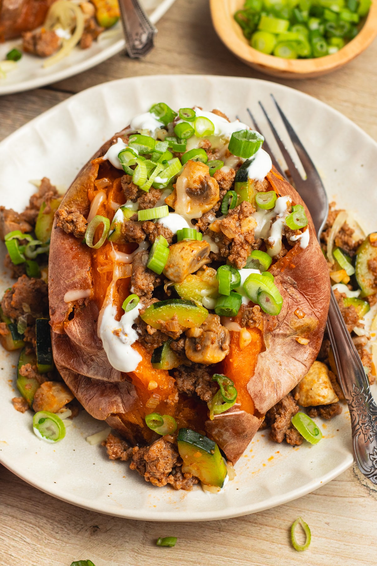 This is a picture of a ground beef stuffed sweet potato.