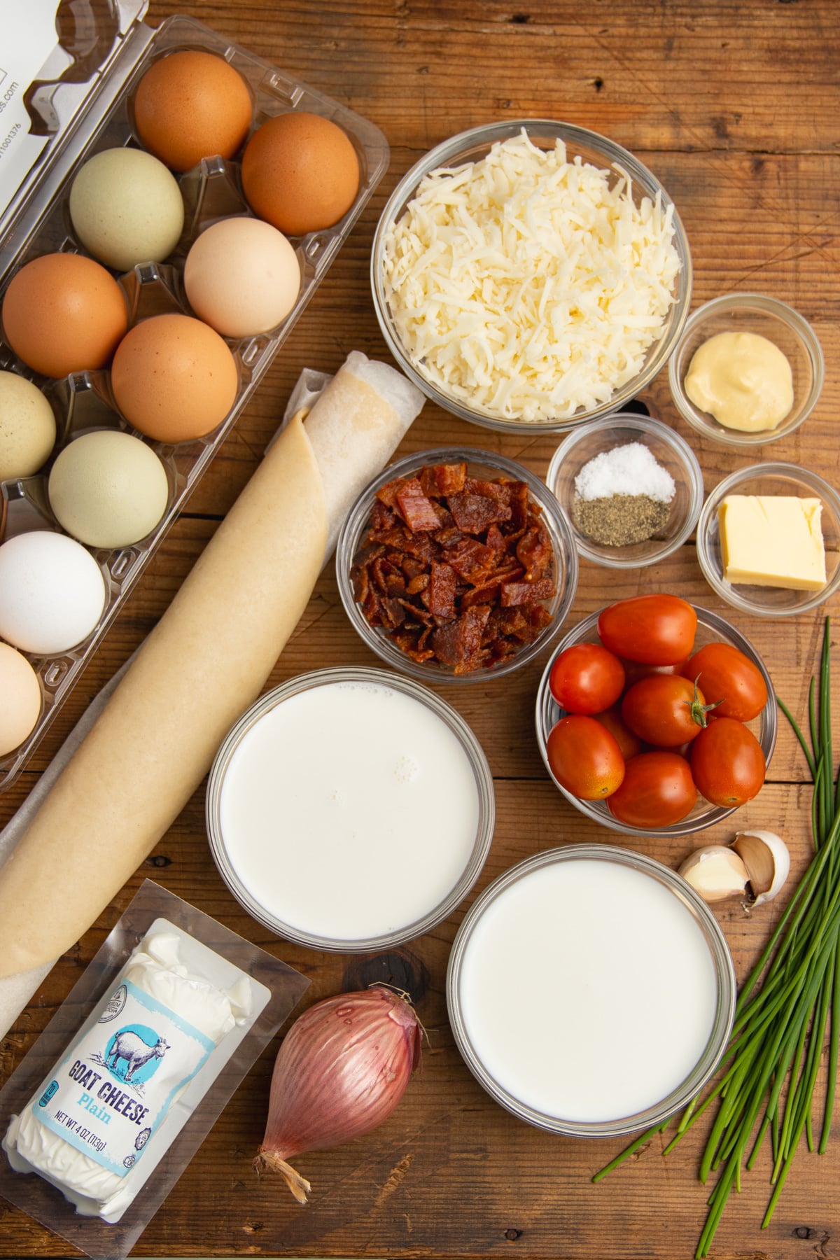 This is a picture of all the ingredients needed to make this quiche recipe.