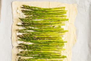 This is a picture of the puff pastry with the cheese and asparagus added.
