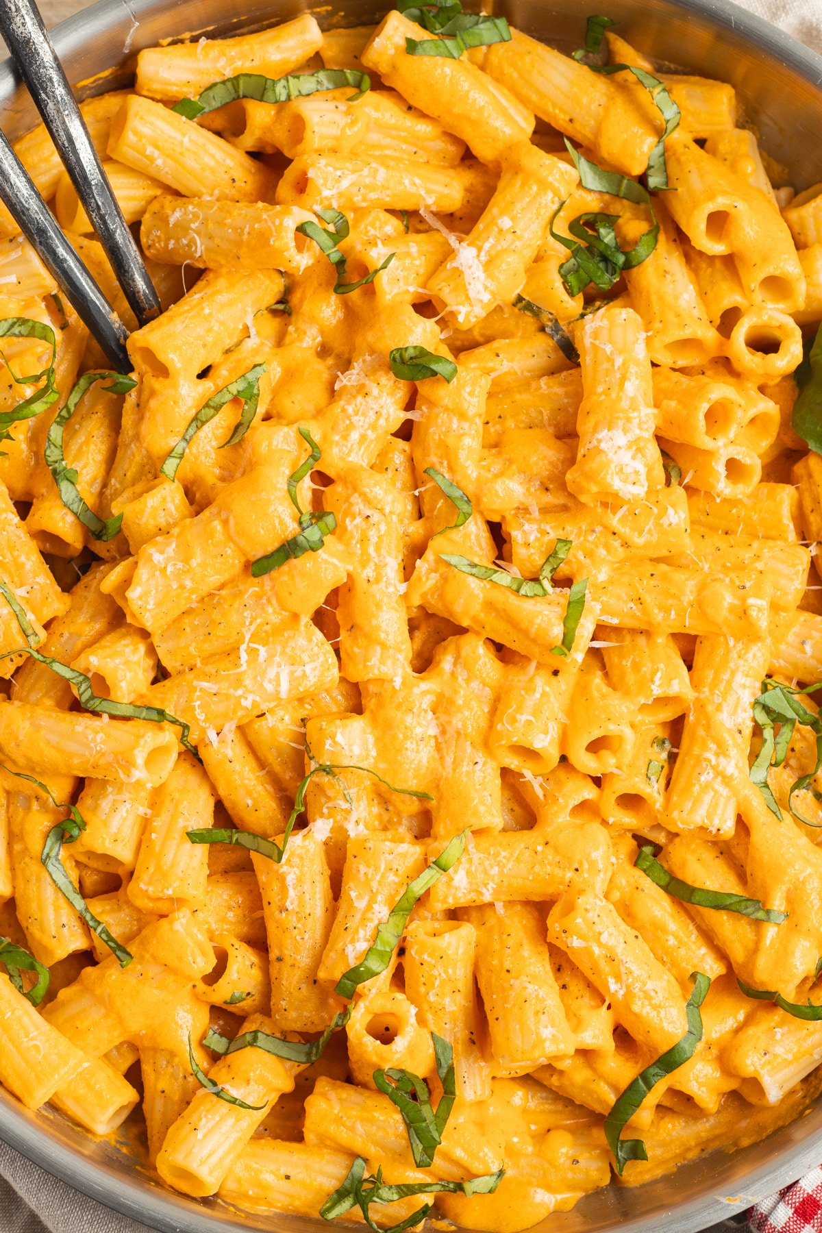 This is a close-up picture of a skillet of pasta with cottage cheese tomato sauce.