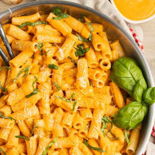 This is a picture of a skillet of pasta with cottage cheese tomato sauce.
