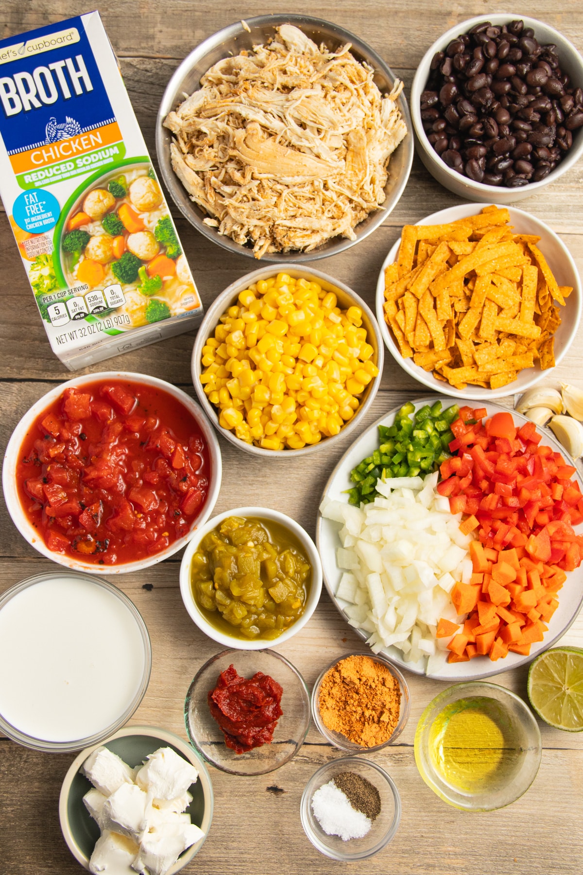 This is a picture of the ingredients use to make this chicken tortilla soup.