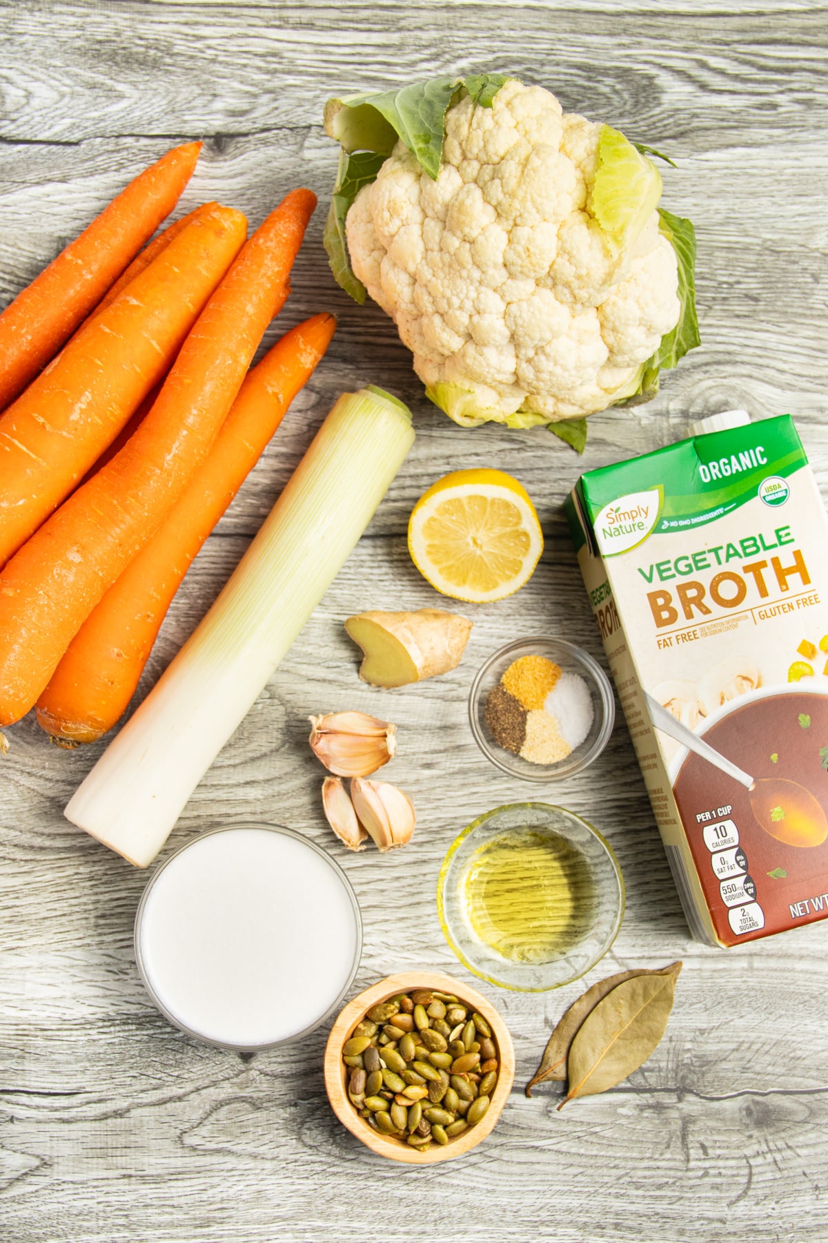 This is a picture of the ingredients used to make this carrot cauliflower soup.