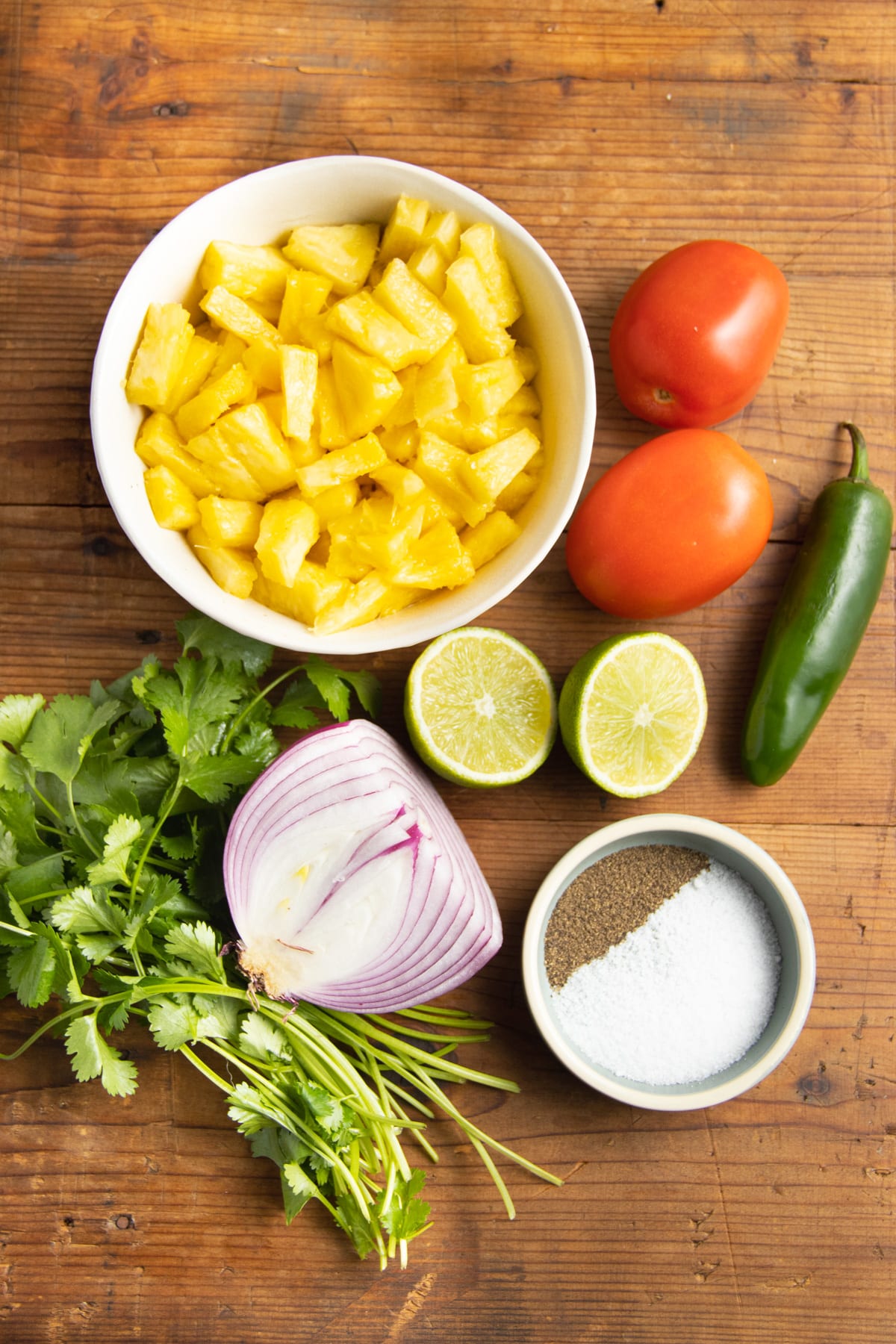 This is a picture of all the ingredients used to make pineapple salsa.