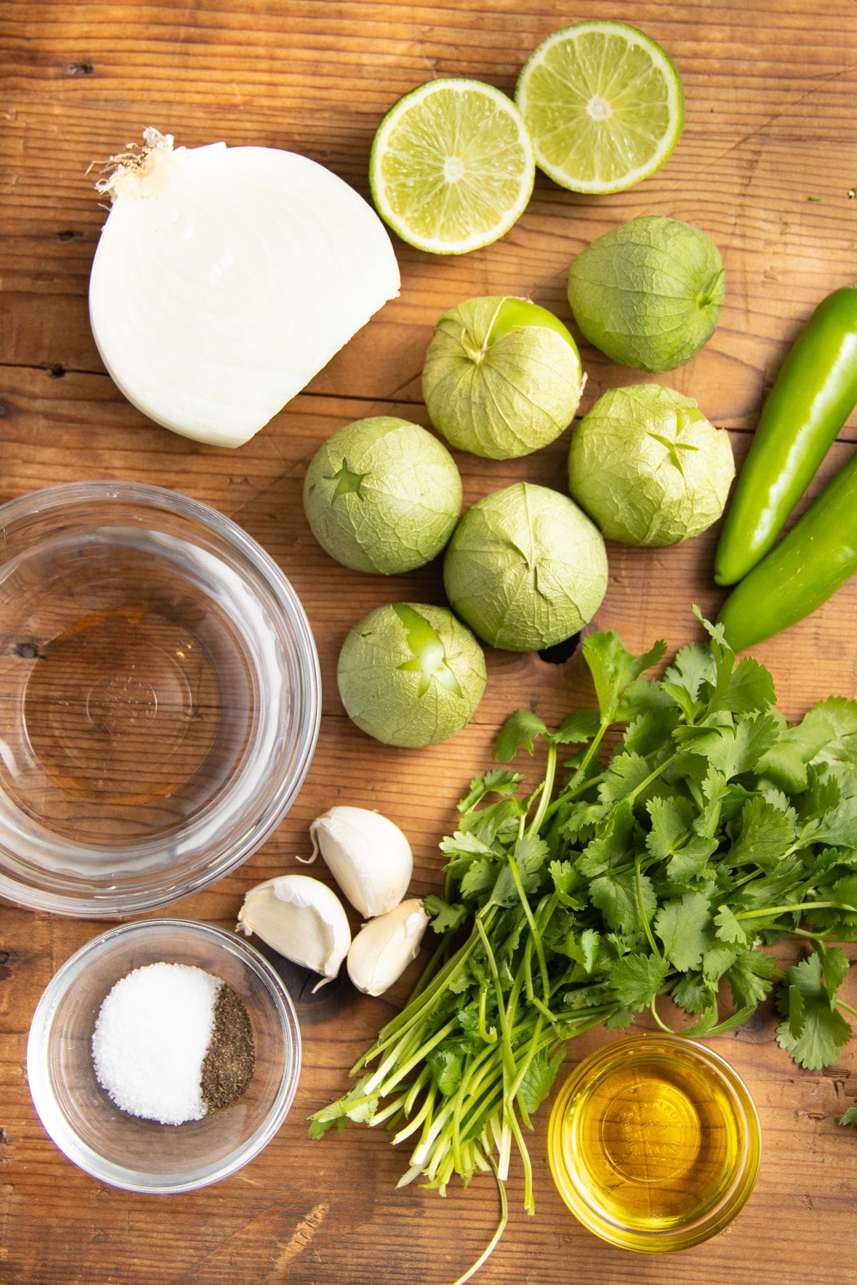 This is a picture of the ingredients used to make tomatillo salsa.