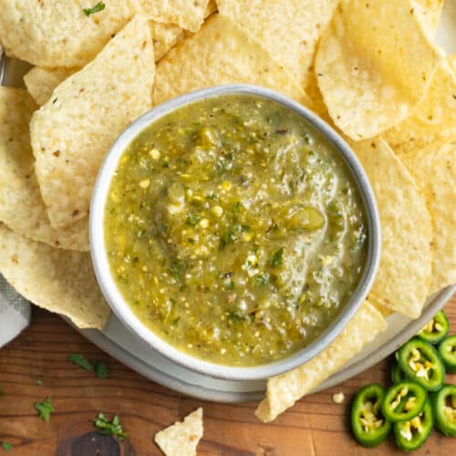 This is a picture of a bowl of roasted tomatillo salsa.