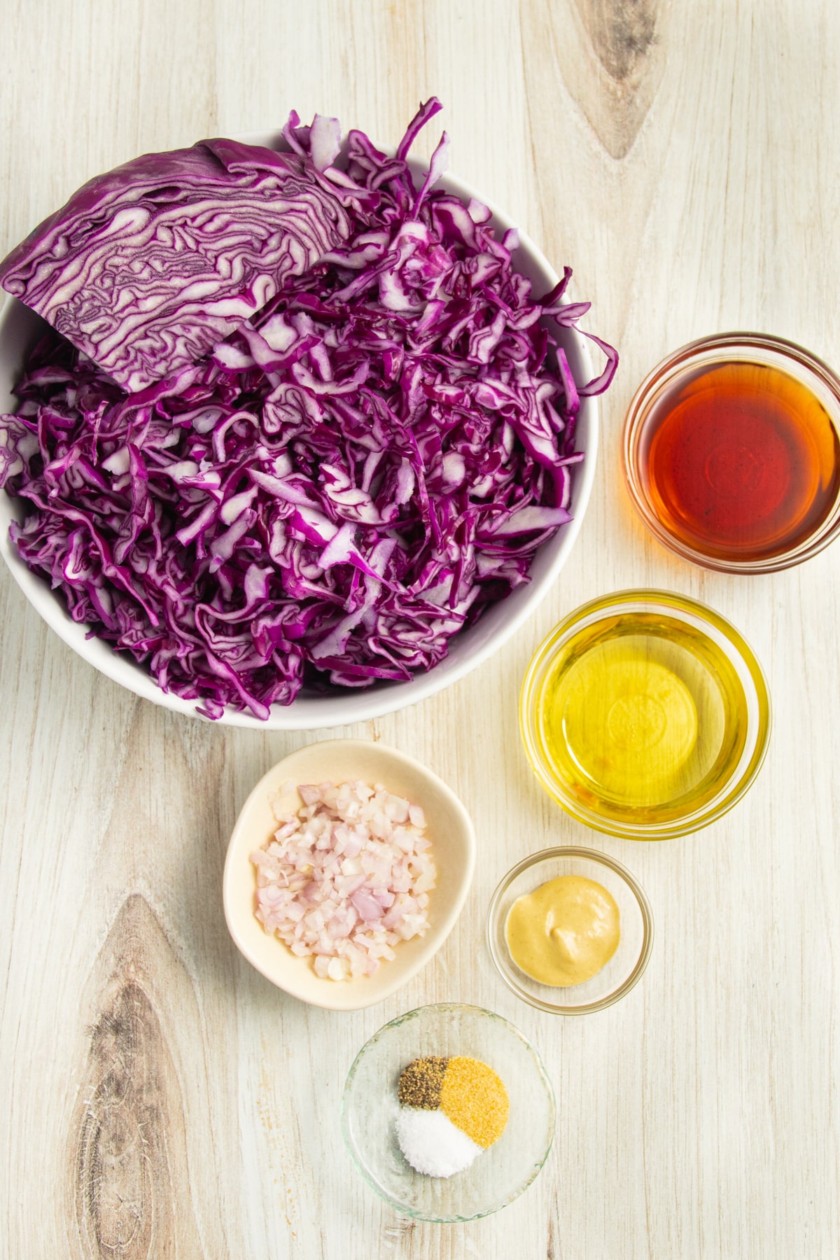 This is a picture of the ingredients used to make this red cabbage salad.