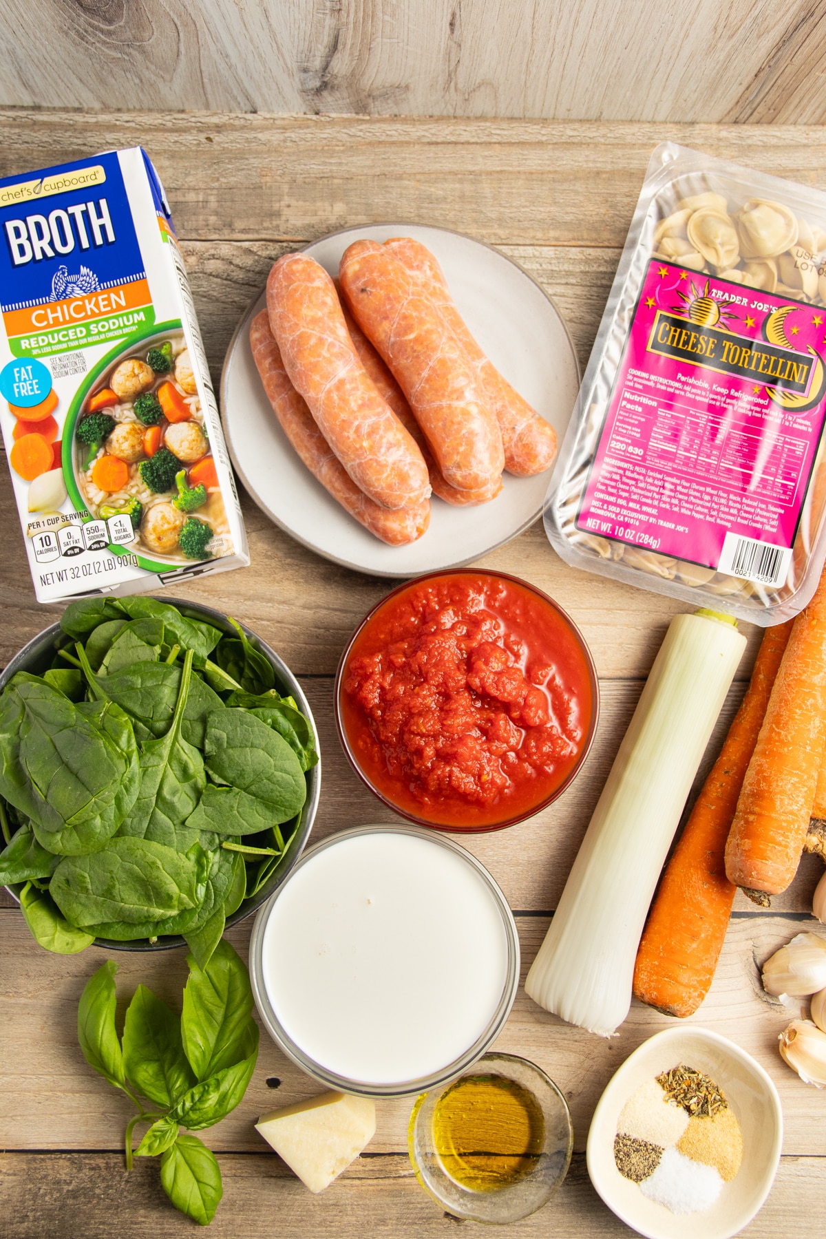 This is a picture of the ingredients used to make this tortellini spinach sausage soup.