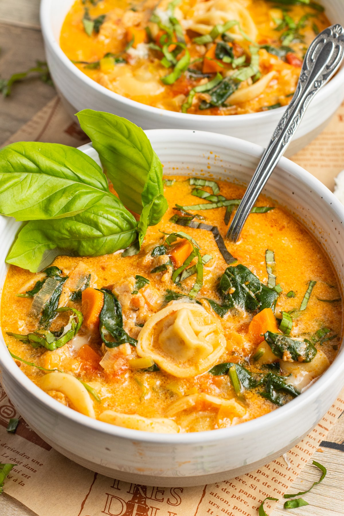 This is a picture of a bowl of tortellini soup with spinach and sausage.