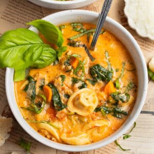 This is a picture of a bowl of tortellini soup with spinach and sausage.