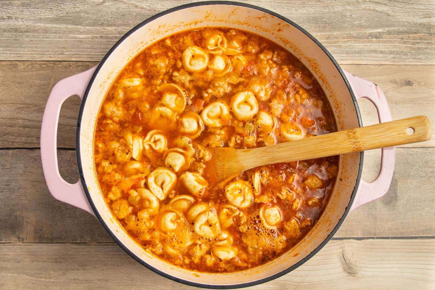 This is a picture of the pot with tortellini added.