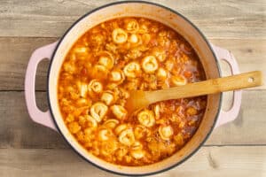 This is a picture of the pot with tortellini added.
